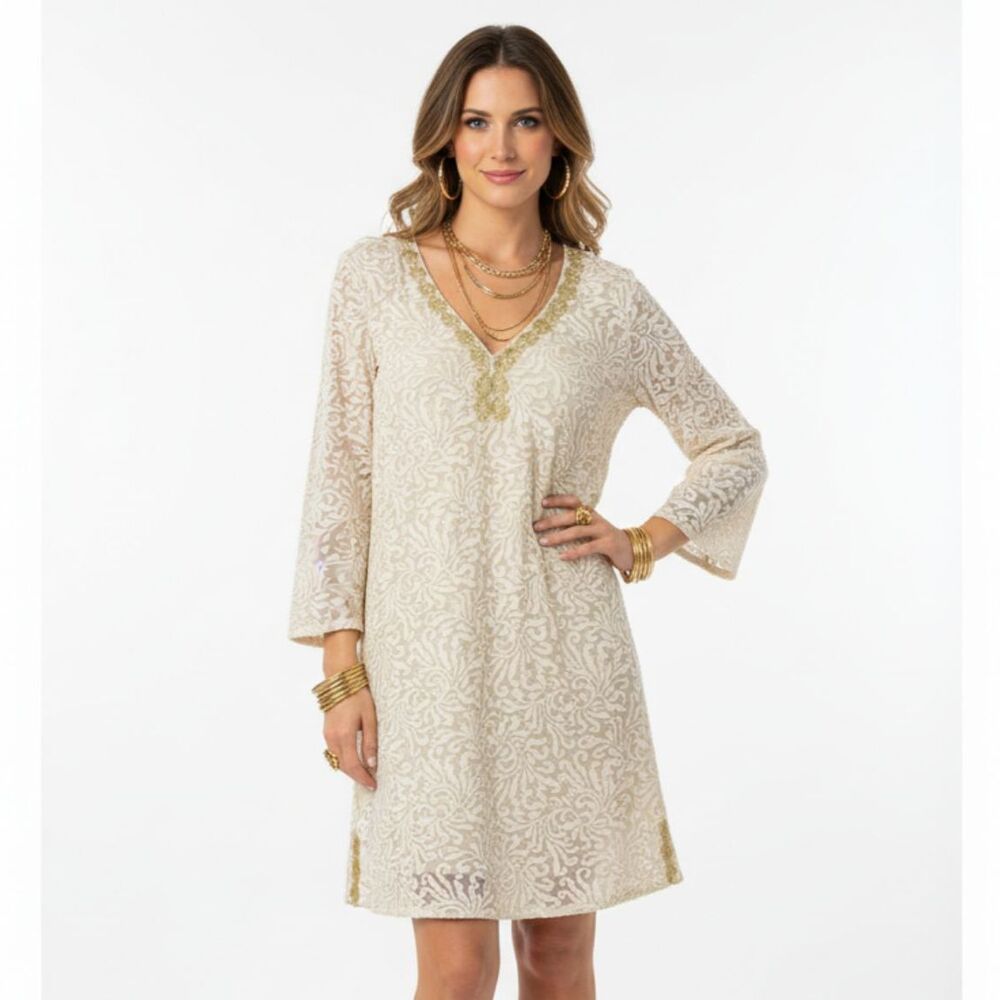 Anthropologie Yoana Baraschi Ivory & Gold Sheer Long Sleeve Embroidered Dress L